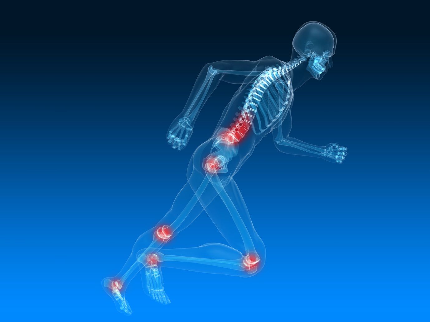 An image of a skeleton on a blue background indicating joint pain. Cranstoun Footcare provide an biomechanical assessment is appropriate for anyone experiencing pain in their back, hips, knees or feet.